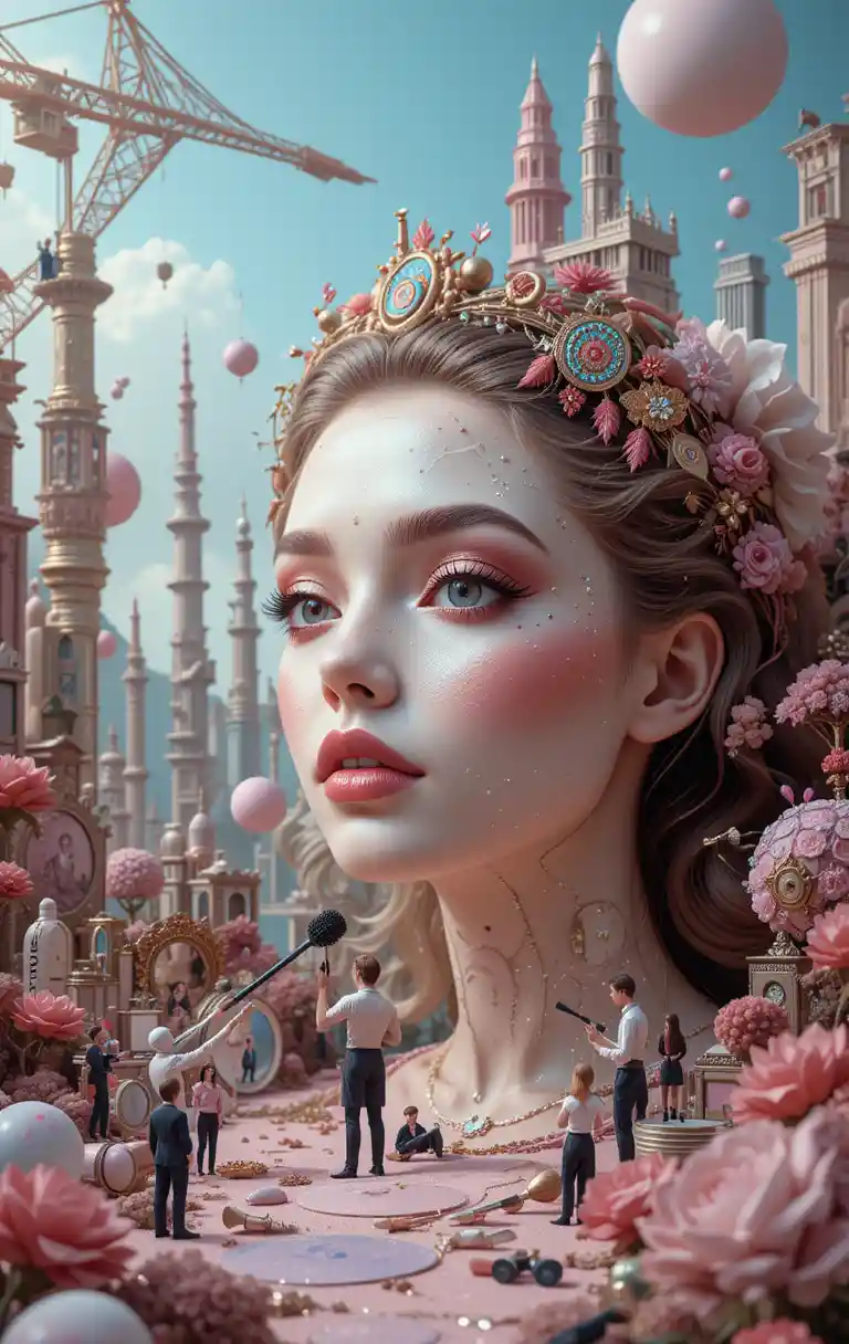 Tiny makeup artists painting a surreal beauty landscape
