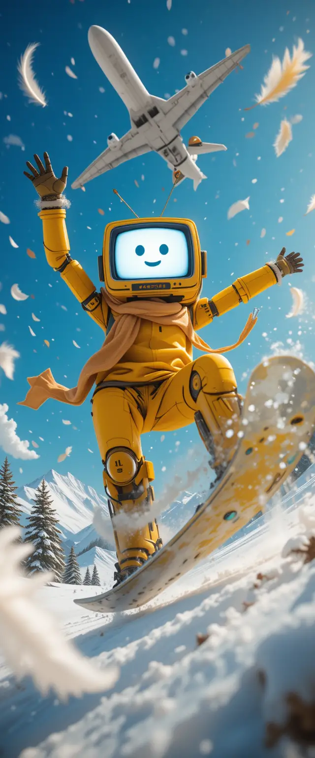 Yellow tv headed robot jumping in snowy mountain sky
