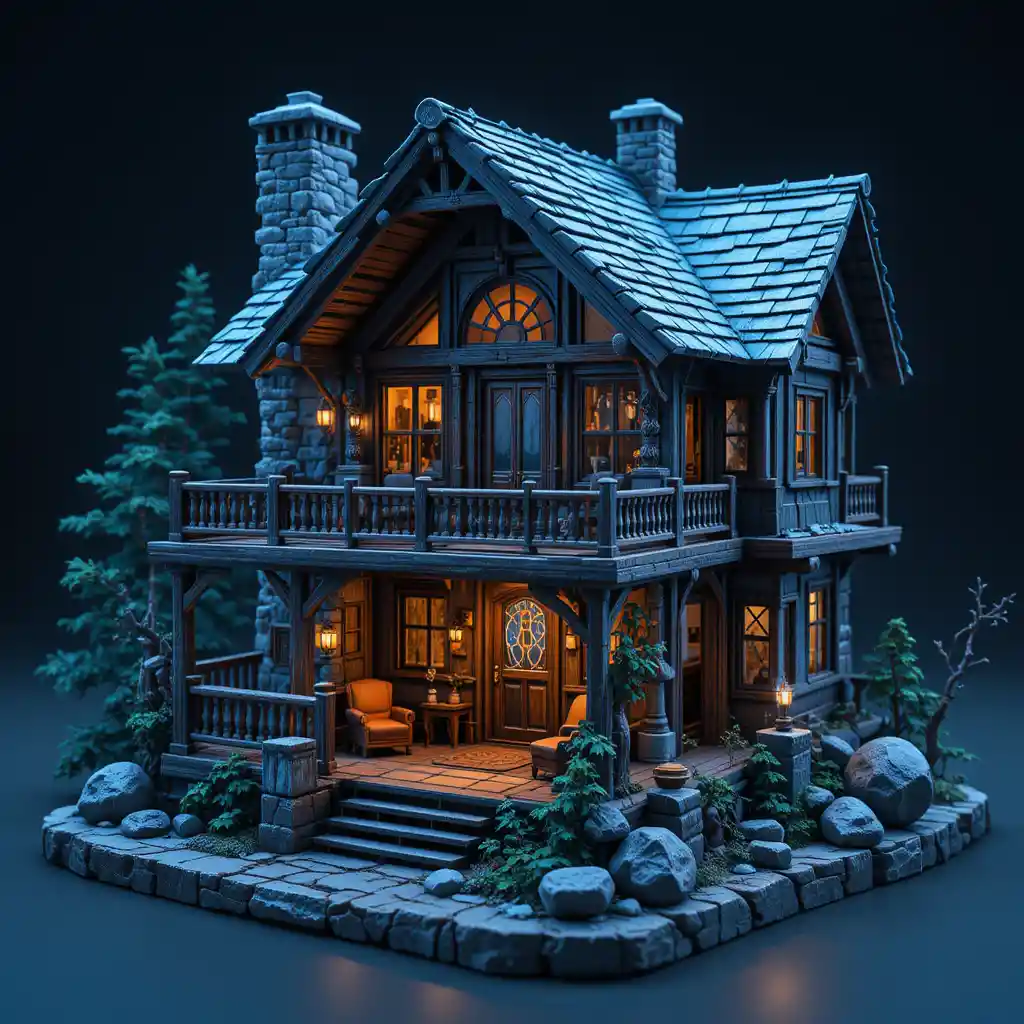 Diorama 3D isometrico di interno di baita rustica di lusso