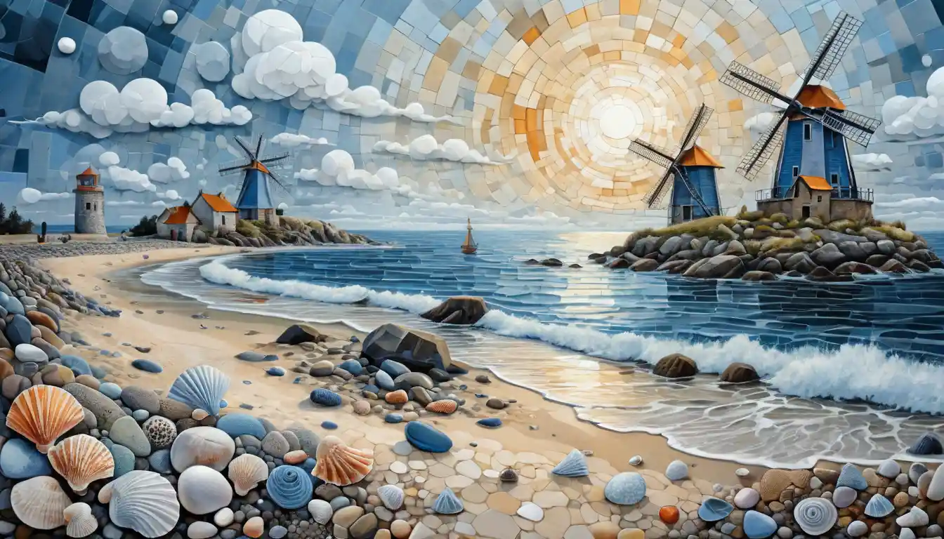 Surreal seaside windmills with shells and colorful stones