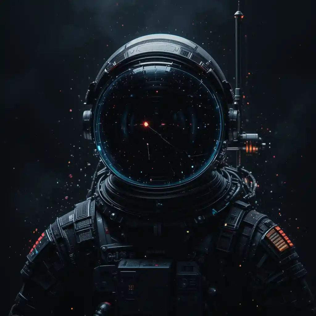 Futuristic astronaut head emerging from deep black darkness