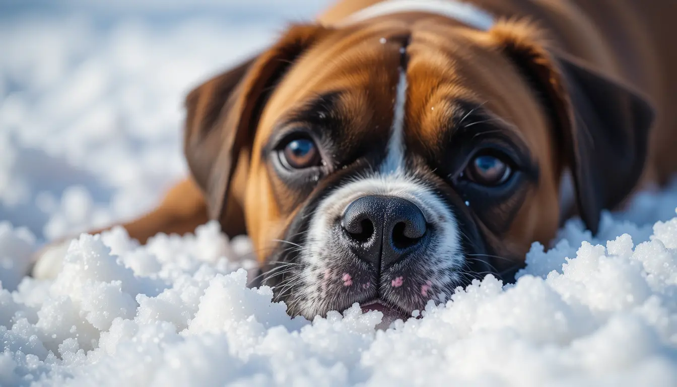 Close up of boxer puppy resting on snowy ground