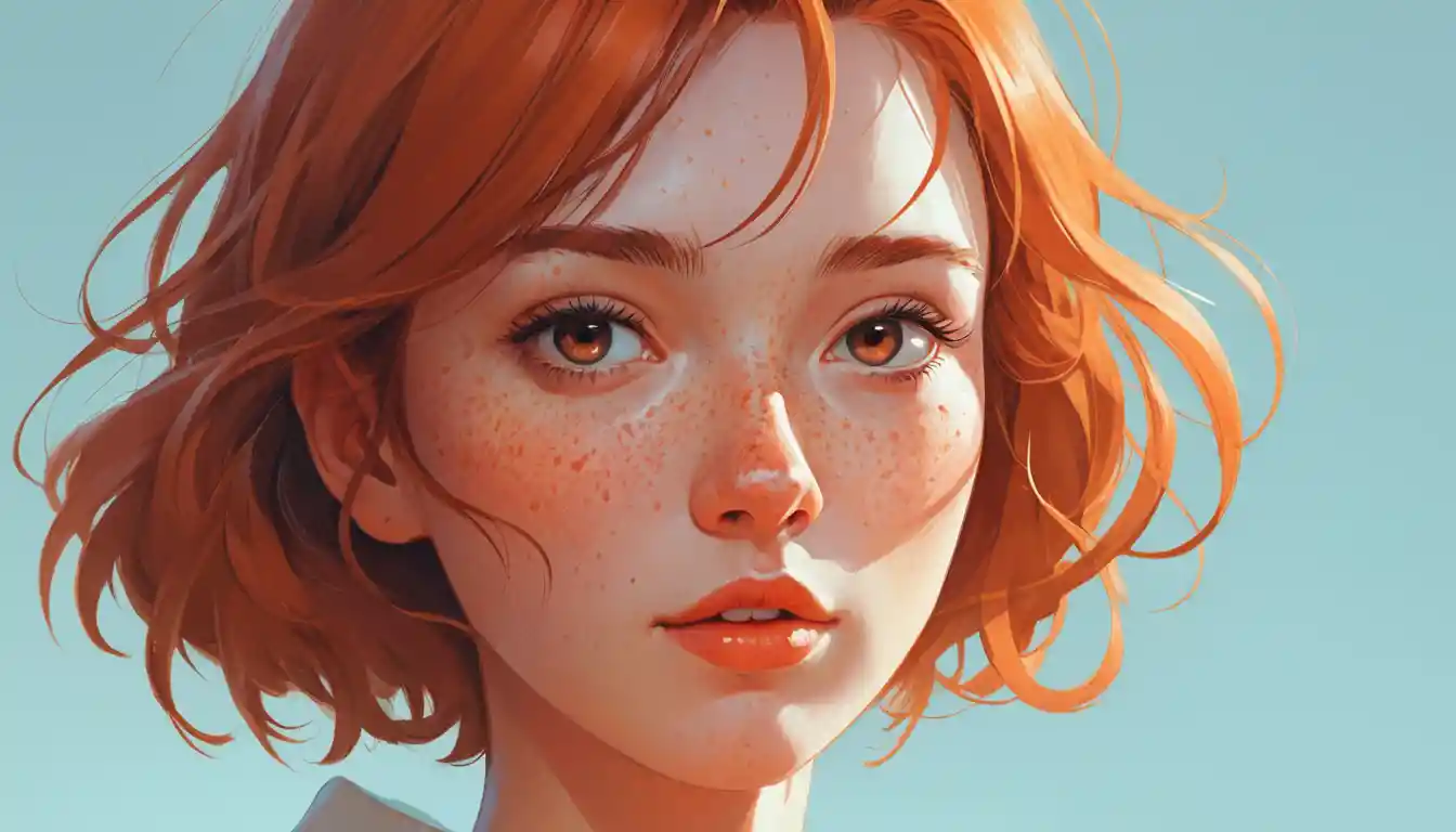 Vintage anime illustration of a freckled woman portrait