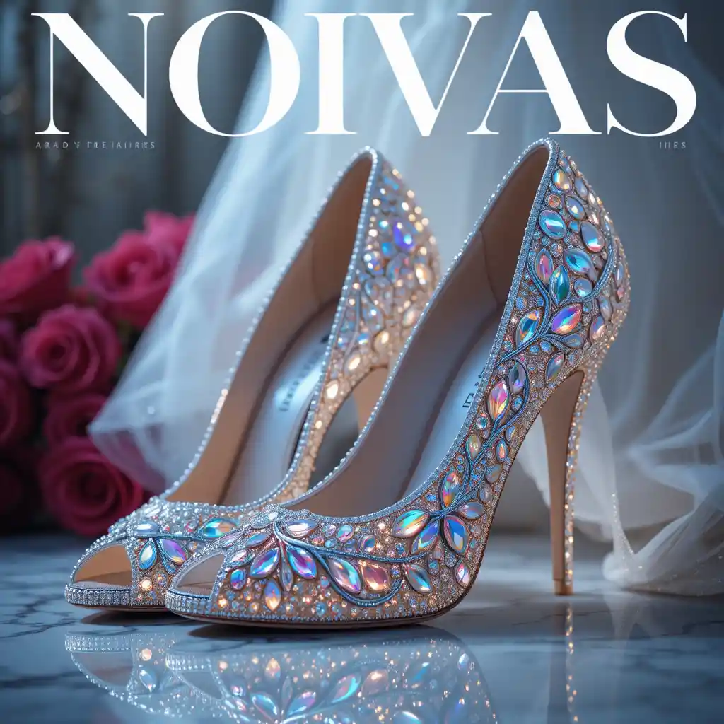 Golden bridal shoes with diamonds on marble floor