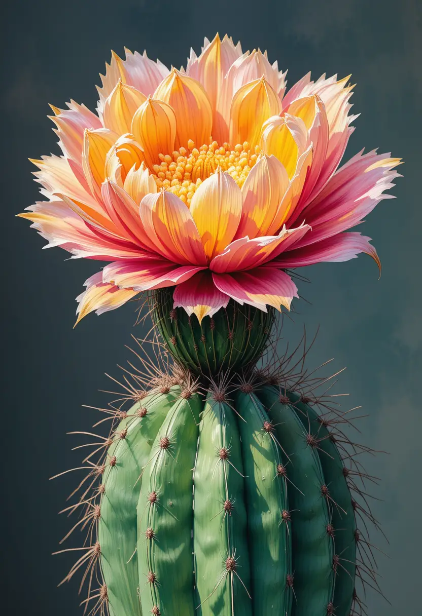 Colorful cactus painting with a single oversized blooming flower