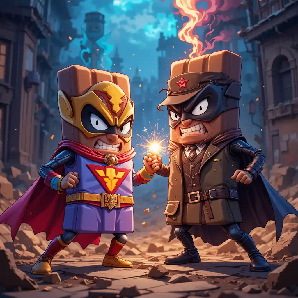 Hero chocolate bar battling villain in cartoon style