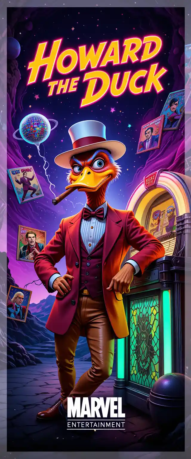 Anthropomorphic duck with neon jukebox in cosmic scene