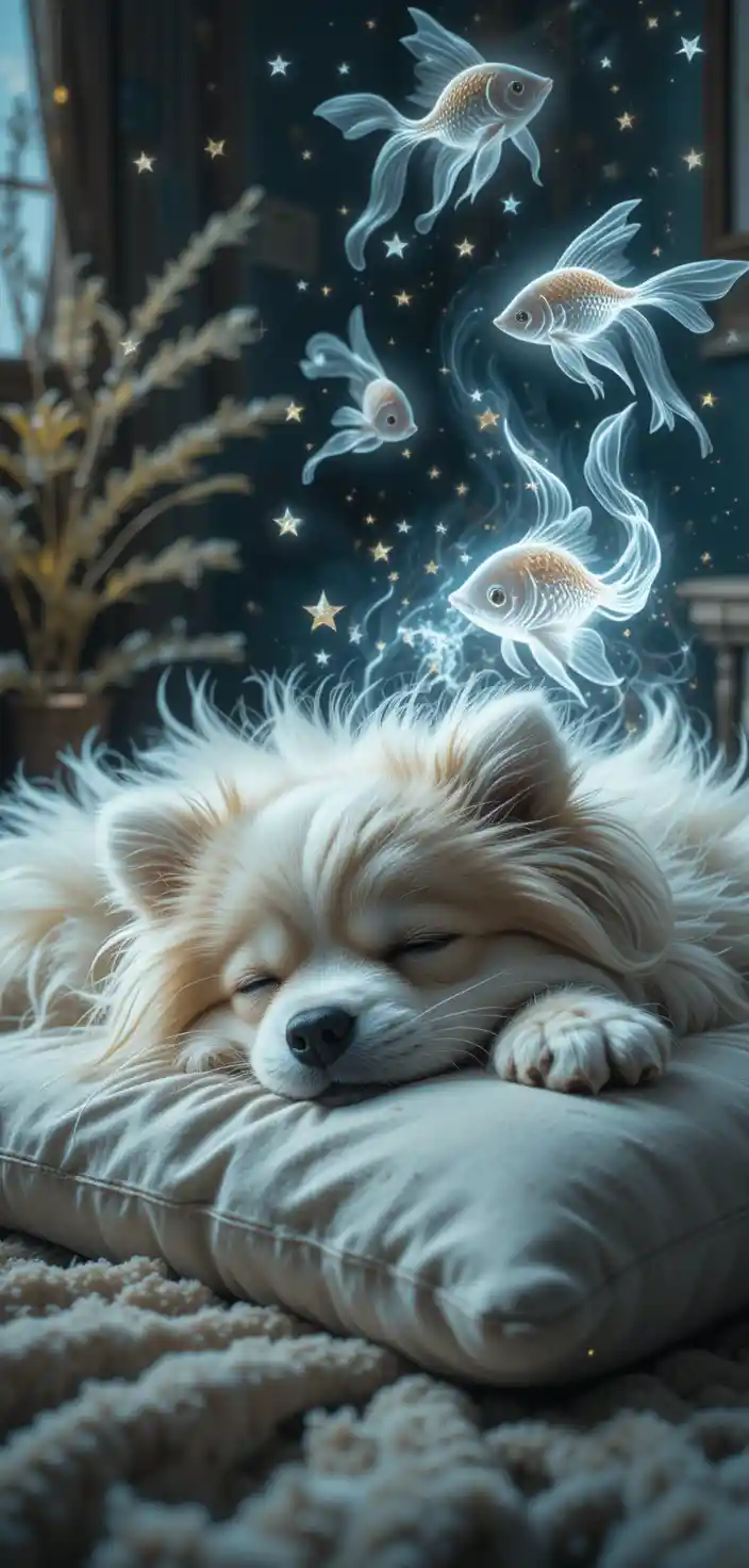Double exposure portrait of a fluffy dog sleeping peacefully