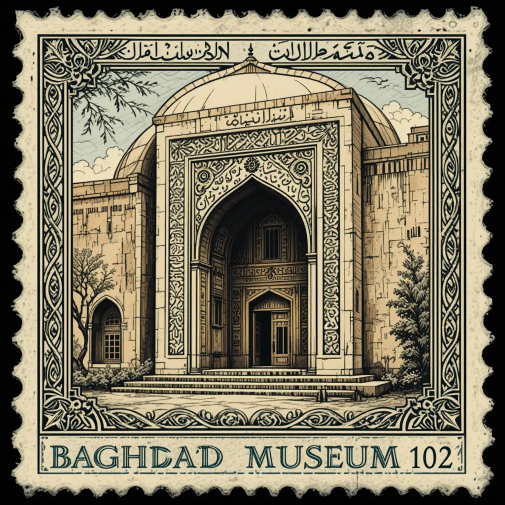 Baghdad Museum postage stamp with ornate two tone design