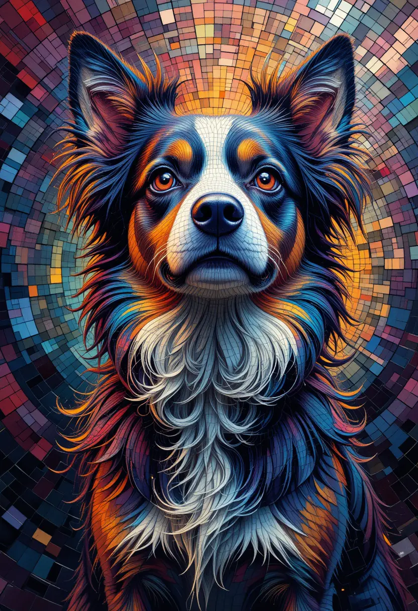Radiales Mosaikporträt einer verspielten Hundeillustration