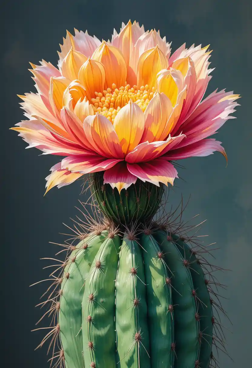 Colorful cactus painting with a single oversized blooming flower