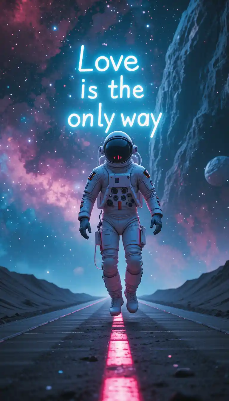 Lonely astronaut walking a cosmic road under neon words