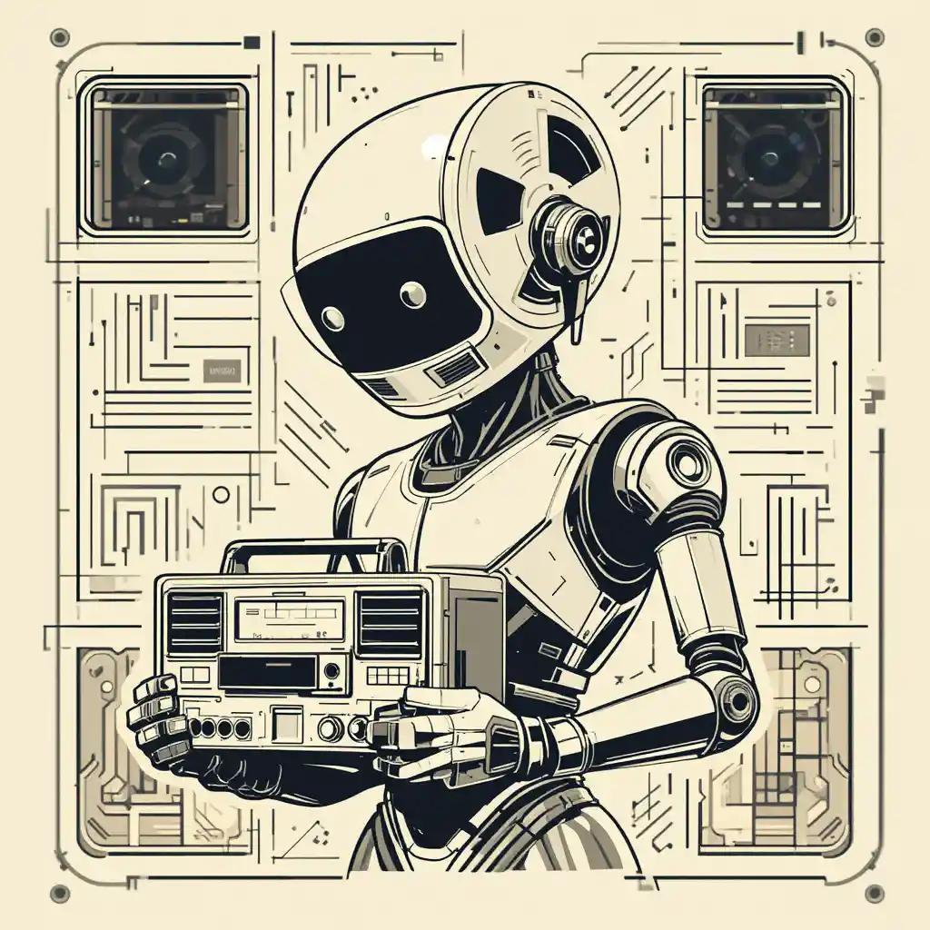 Retro robot with tape reel head and recorder