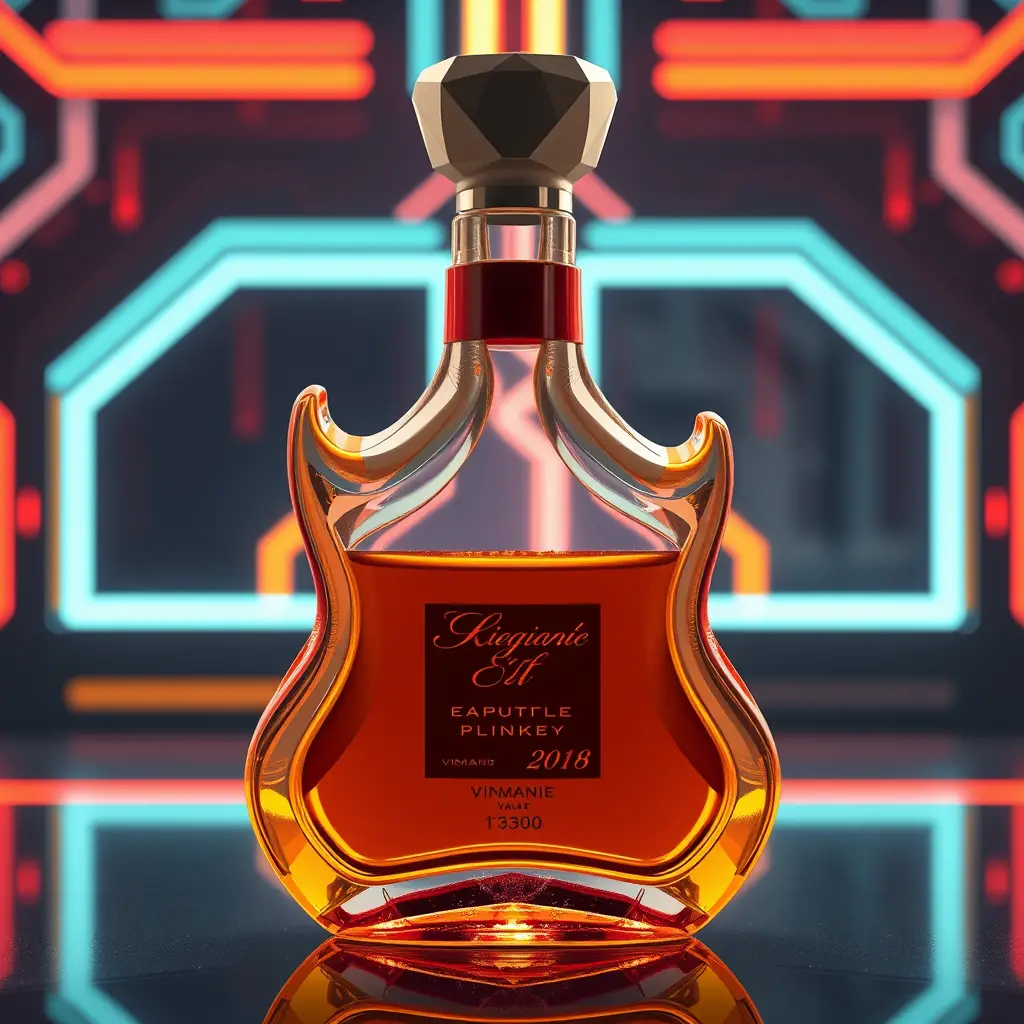 Futuristic guitar inspired liquor bottle with neon cyberpunk glow