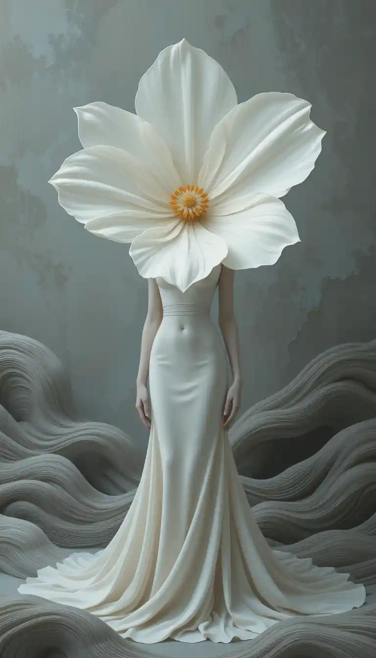 Surreal woman with flower head in flowing gown
