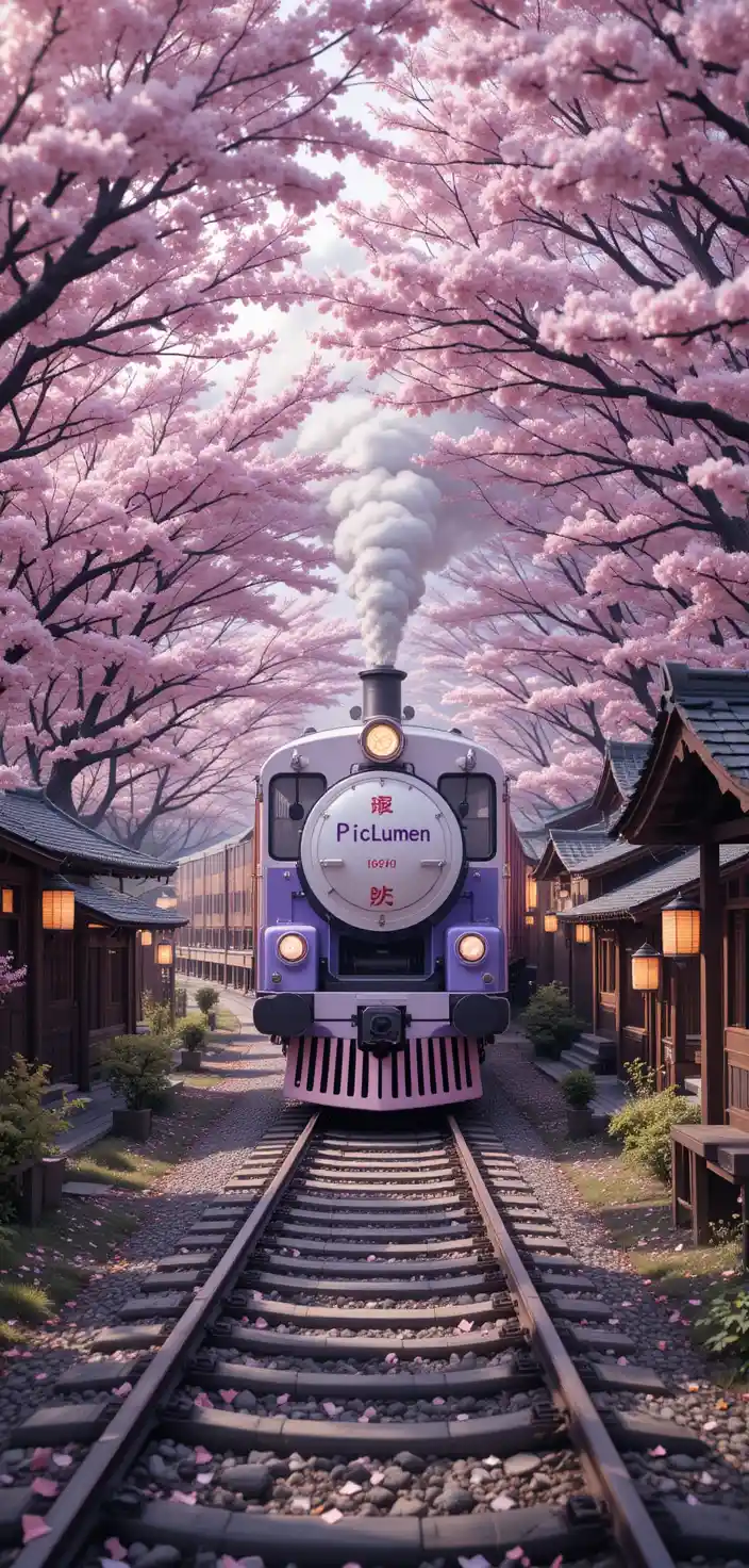 Weiß-lila Zug fährt durch blühenden Sakura-Tunnel