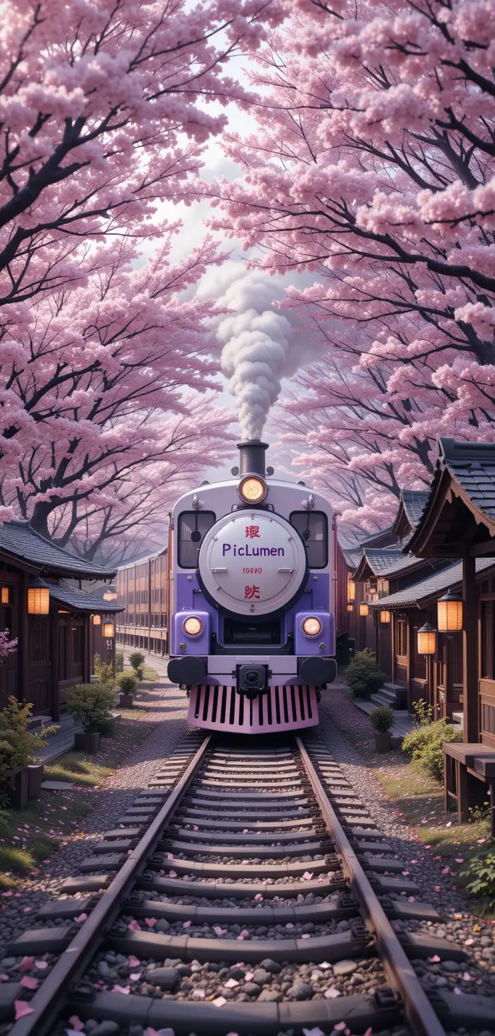 White and purple train passing through blooming sakura tunnel