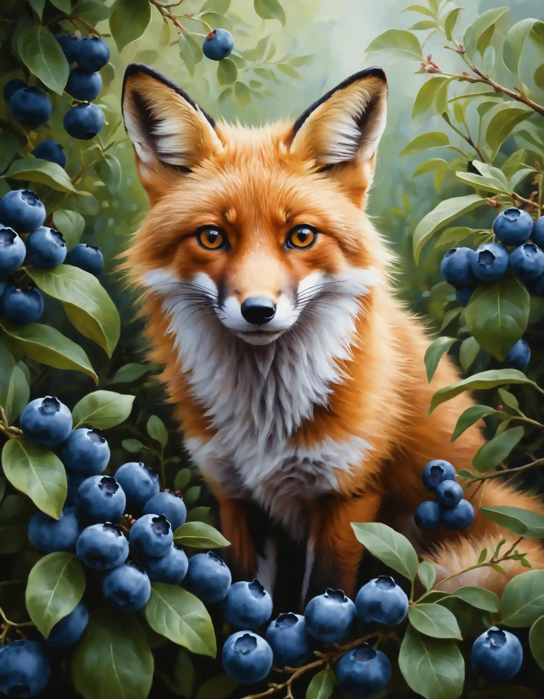 Happy fox resting in blueberry forest bush oil painting