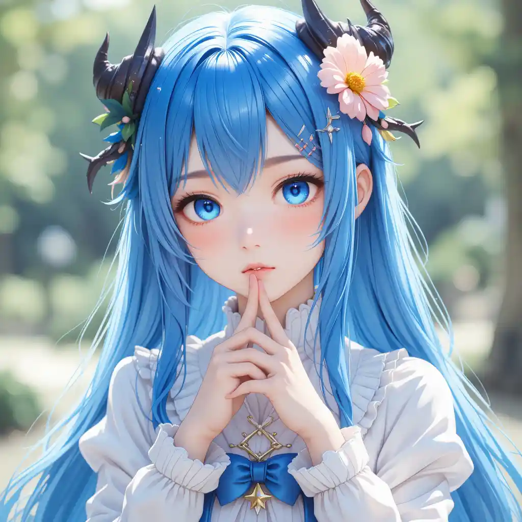 Blue haired anime girl in a white frilled dress outdoors