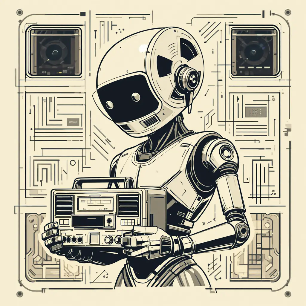 Retro robot with tape reel head and recorder