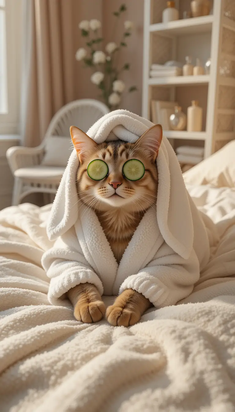 Relaxed spa cat in robe on cozy bedroom bed