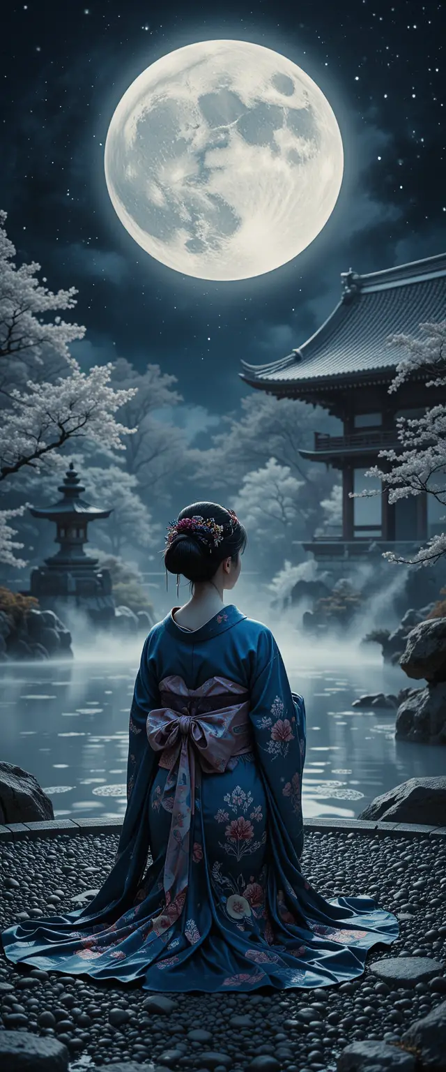 Geisha Kneeling In Kyoto Garden Under The Full Moon