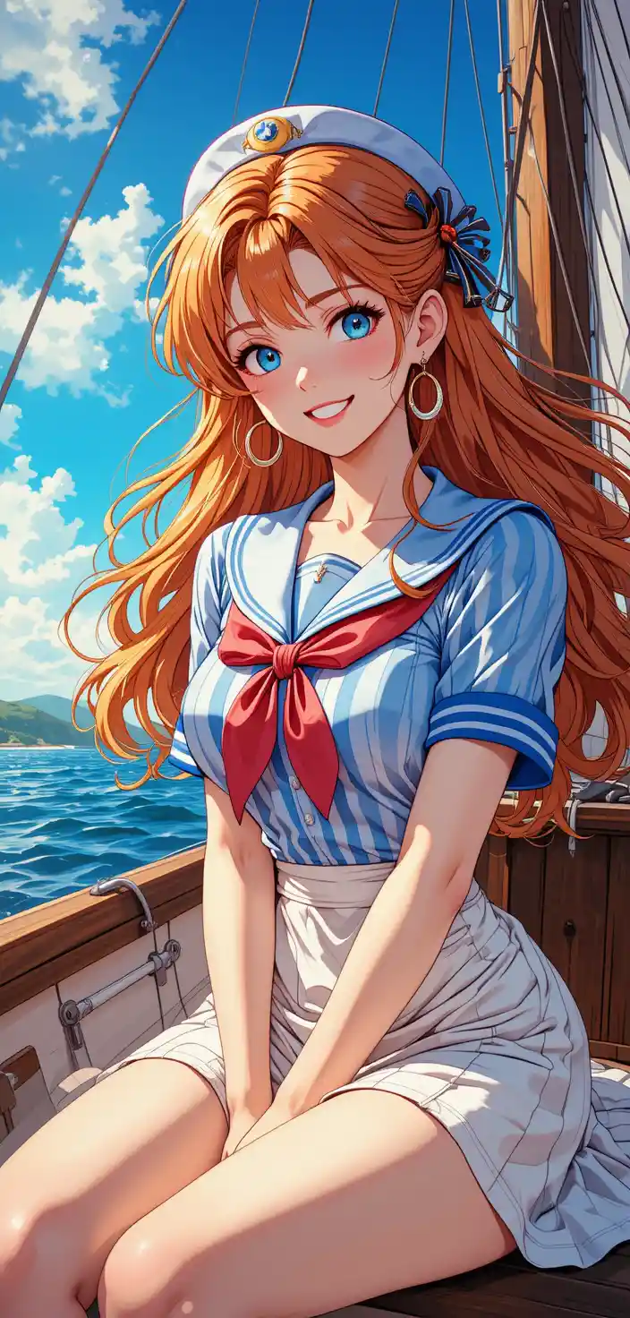 Cheerful anime sailor girl sitting in a sailing boat