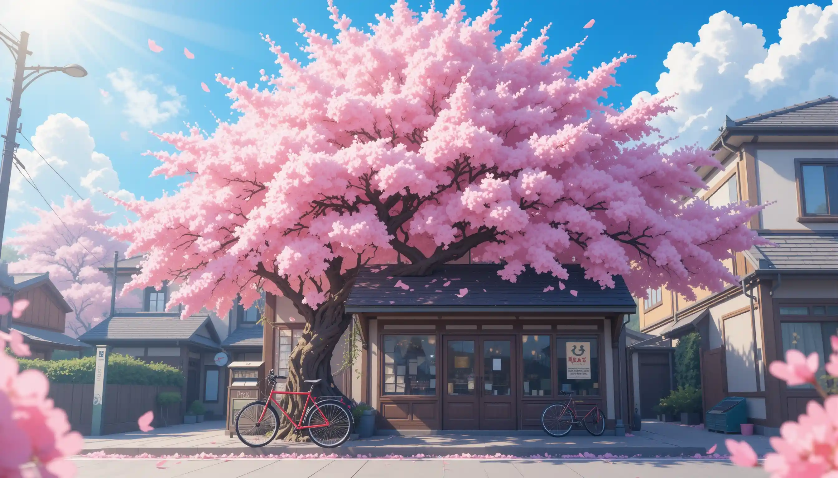 Sunny anime street with cherry blossom tree and bicycle