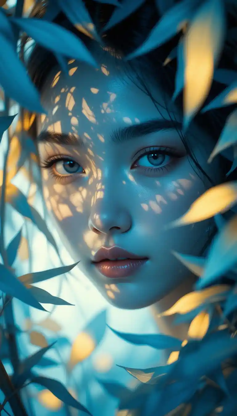 Ritratto di donna dietro fogliame blu illuminato da luce dorata