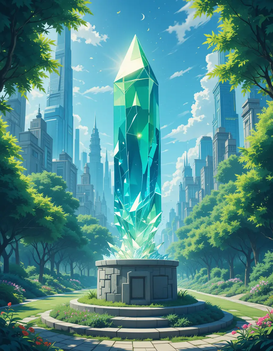 Glowing crystal sculpture in a futuristic city park