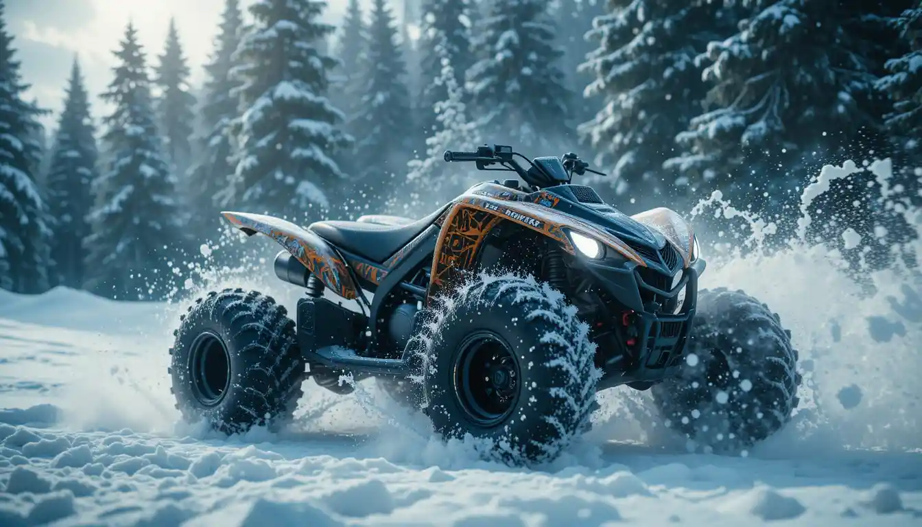 Cinematic close up of an ATV in dramatic winter snow