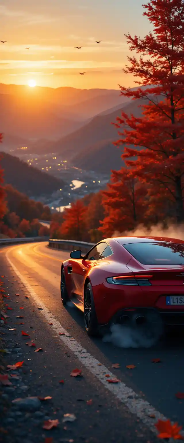 Red sports car drifting on a winding autumn mountain road