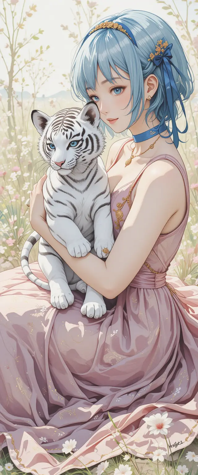 Cute anime girl holding chibi white tiger in field