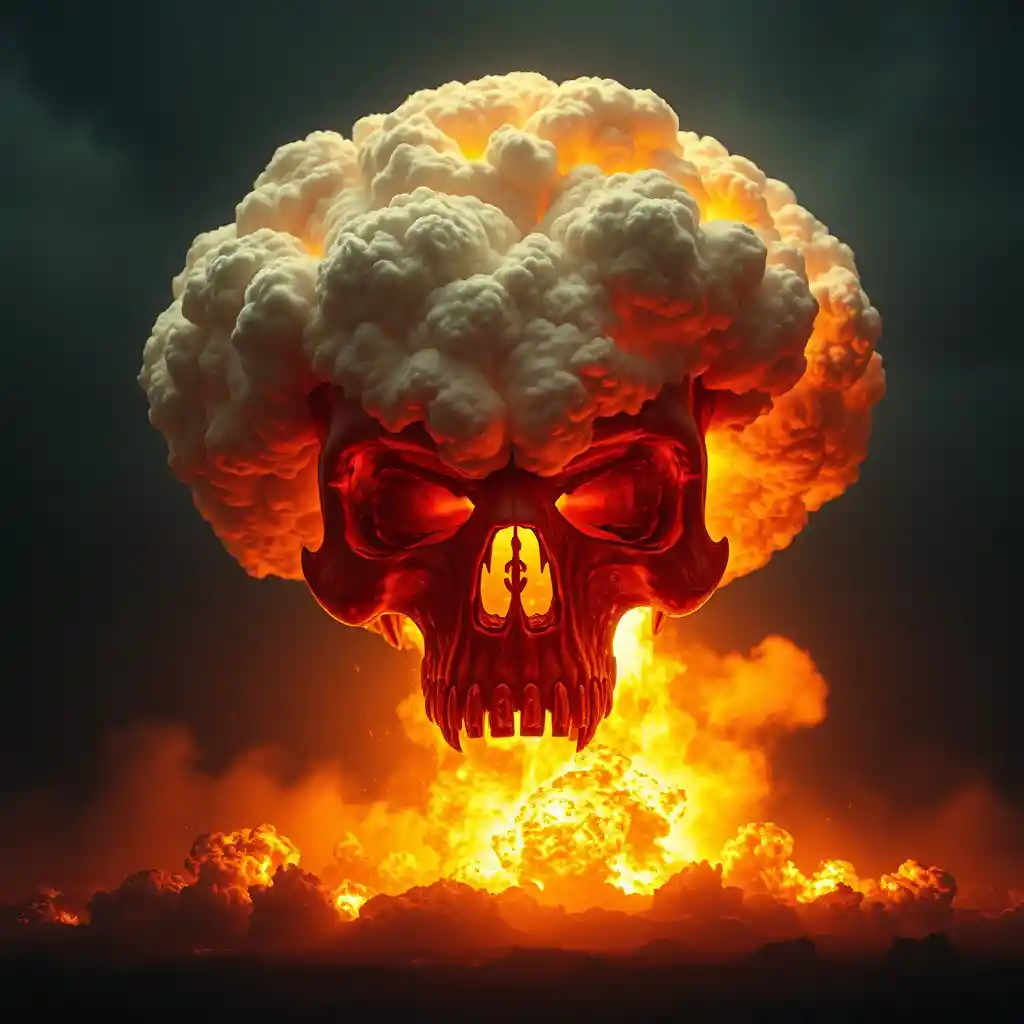 Mushroom cloud explosion forming a fiery skull