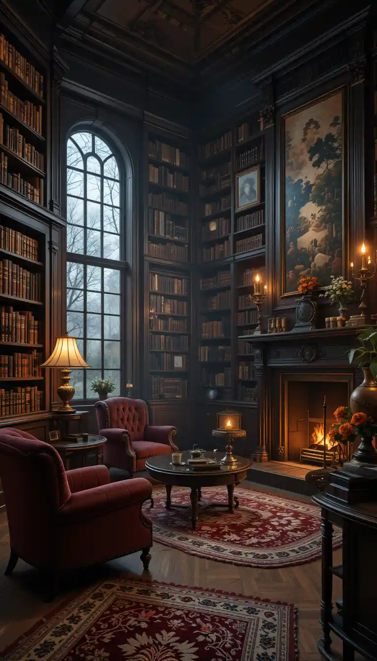 Acogedora biblioteca victoriana con cálida luz de lámparas