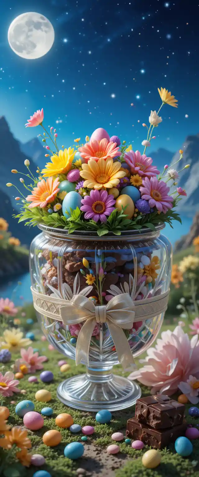 Festive Easter cupcake with flowers by the sea at night