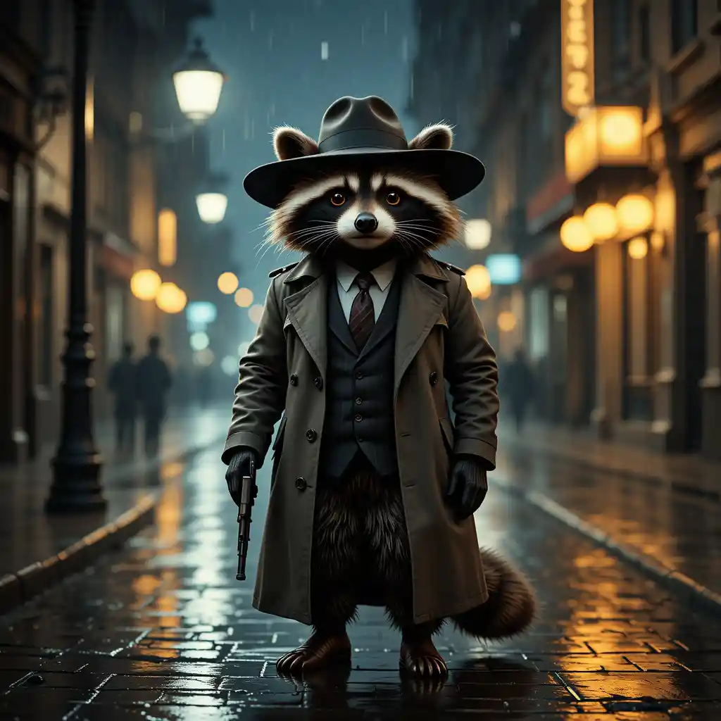 Noir raccoon detective under rainy city streetlight