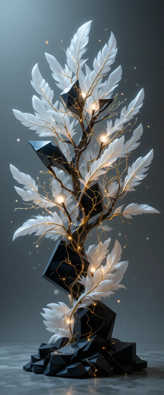 Abstract geometric tree of piano and porcelain fragments