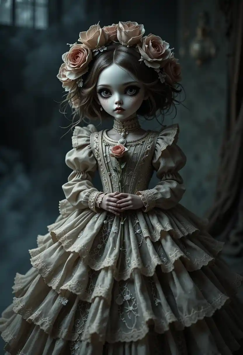 Vintage doll in ornate gown against dark atmospheric background