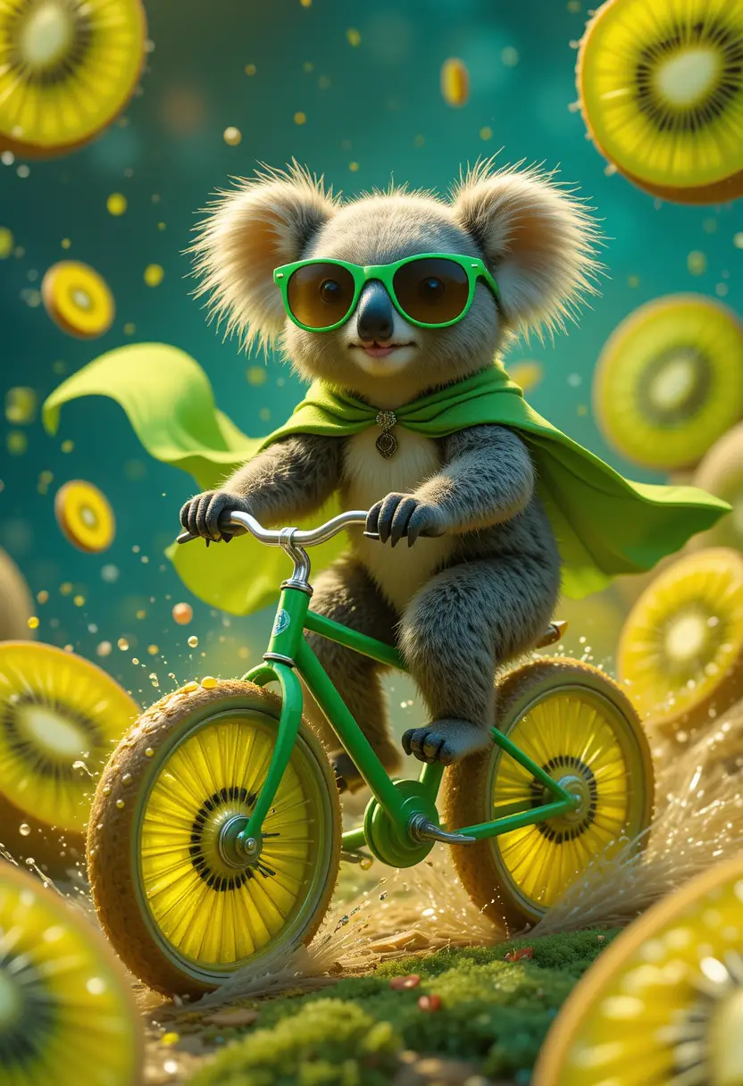 Adorable koala sur vélo kiwi dans un monde de fantaisie féerique