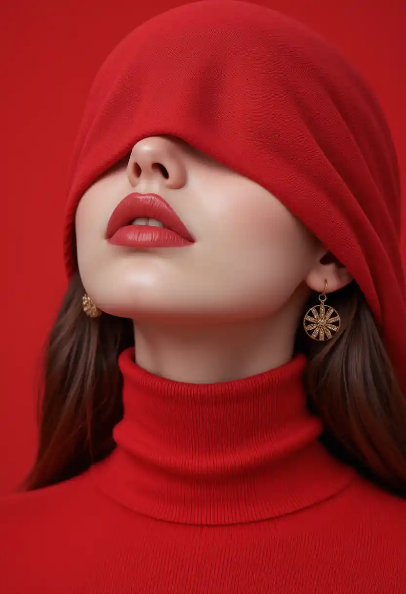 Mysterious woman in red turtleneck with gold earrings