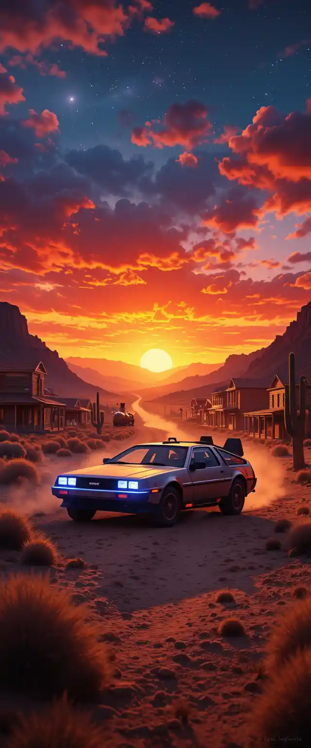 Time traveling car on a wild west desert trail