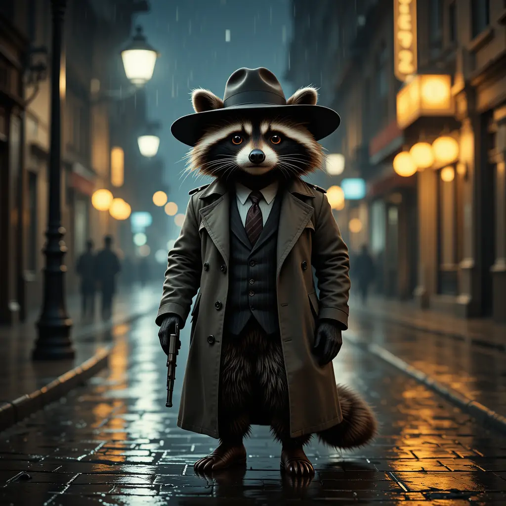 Noir raccoon detective under rainy city streetlight