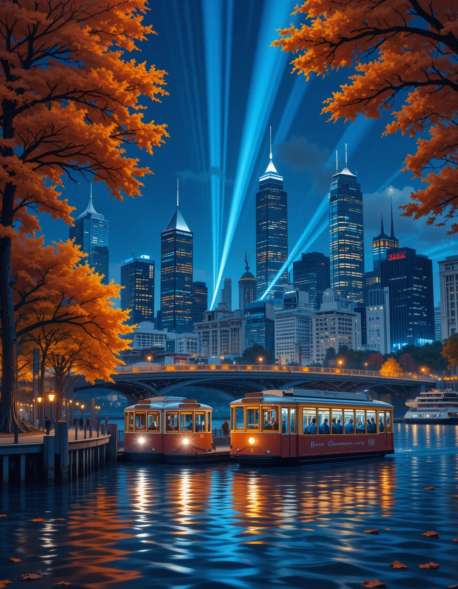 Melbourne night skyline over riverfront with glowing bridge
