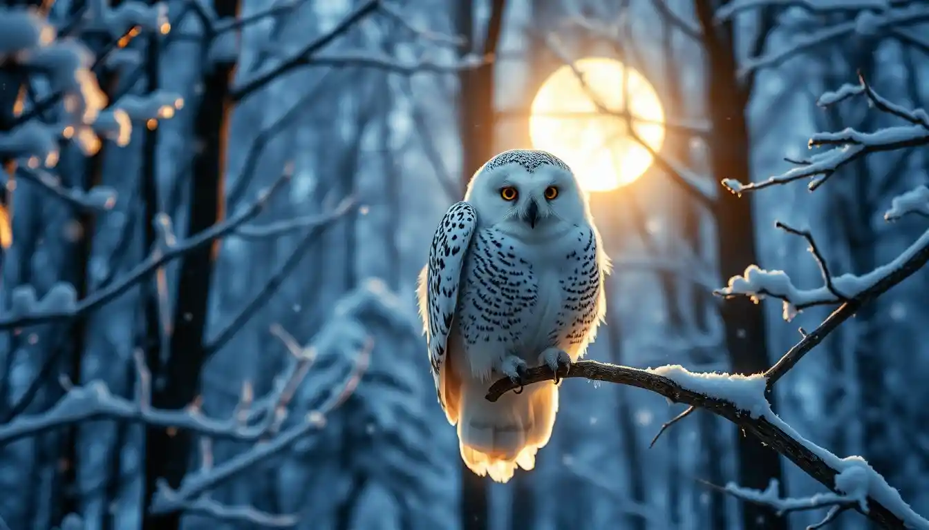 White owl hologram glowing in a snowy forest night