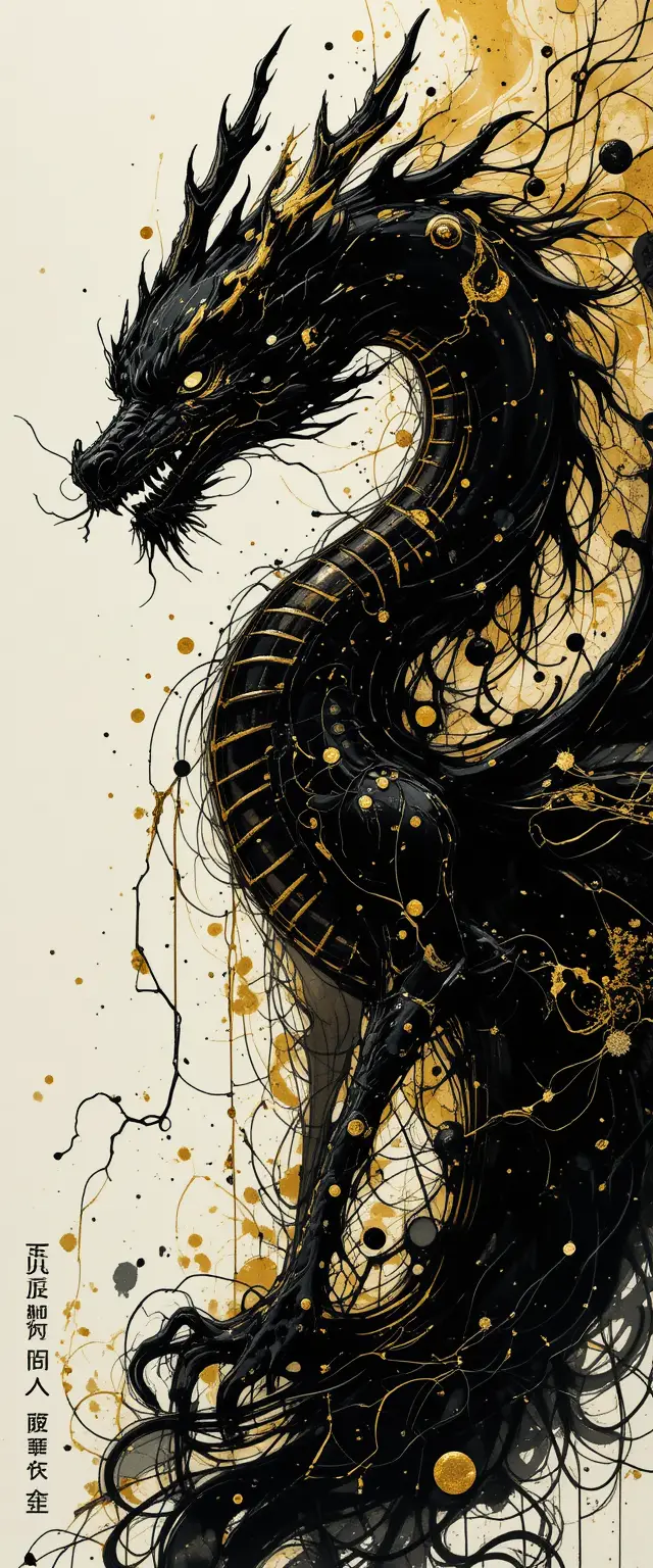 Majestic black dragon in dramatic Japanese ink painting