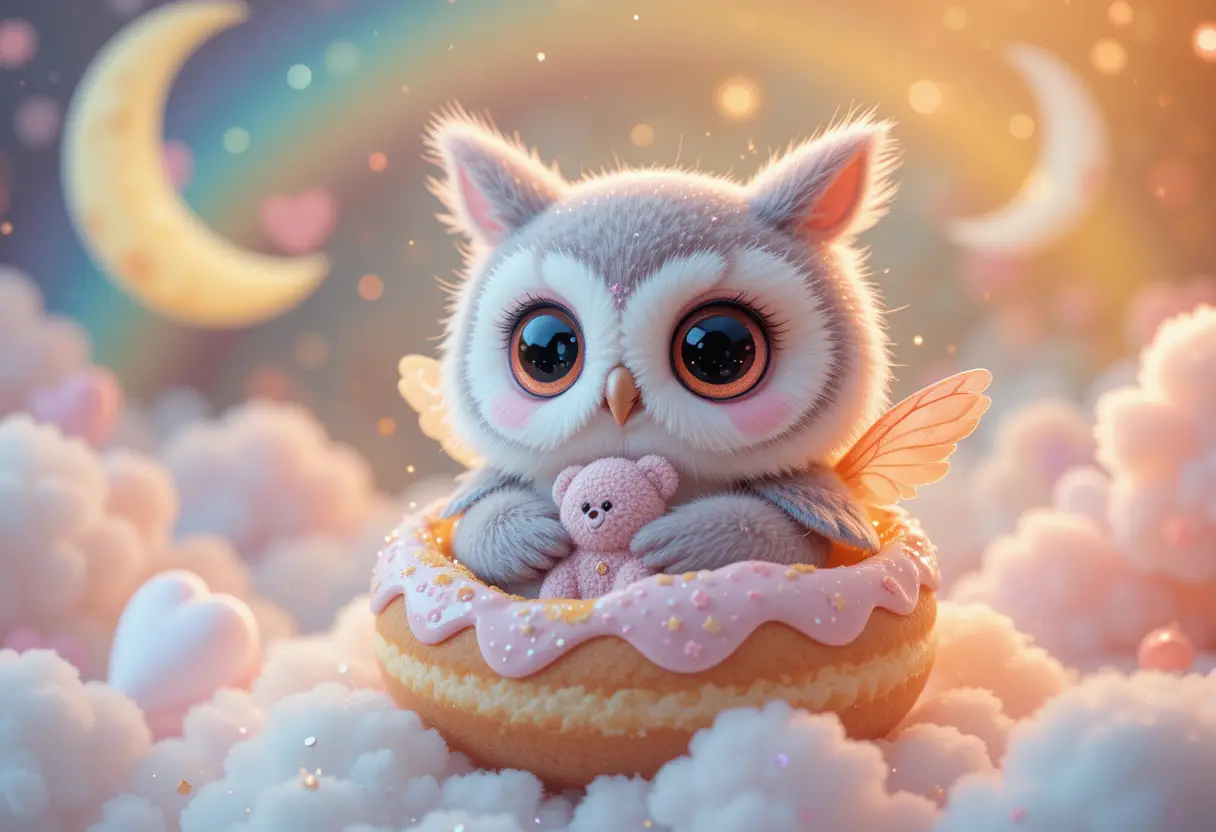 Adorable fantasy creature nestled in a donut cloud