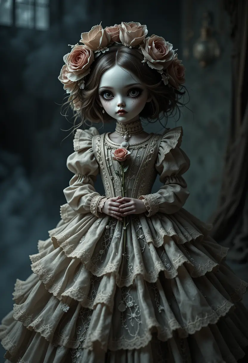 Vintage doll in ornate gown against dark atmospheric background