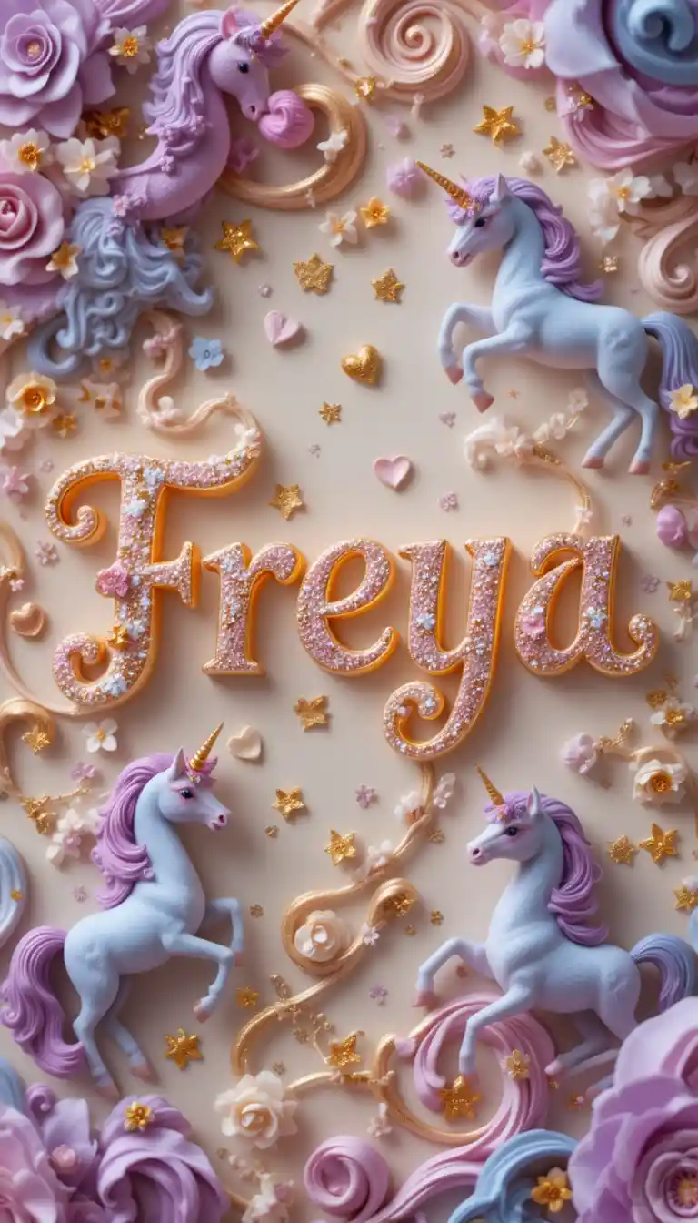Elegant 3d word art of freya with unicorns and hearts