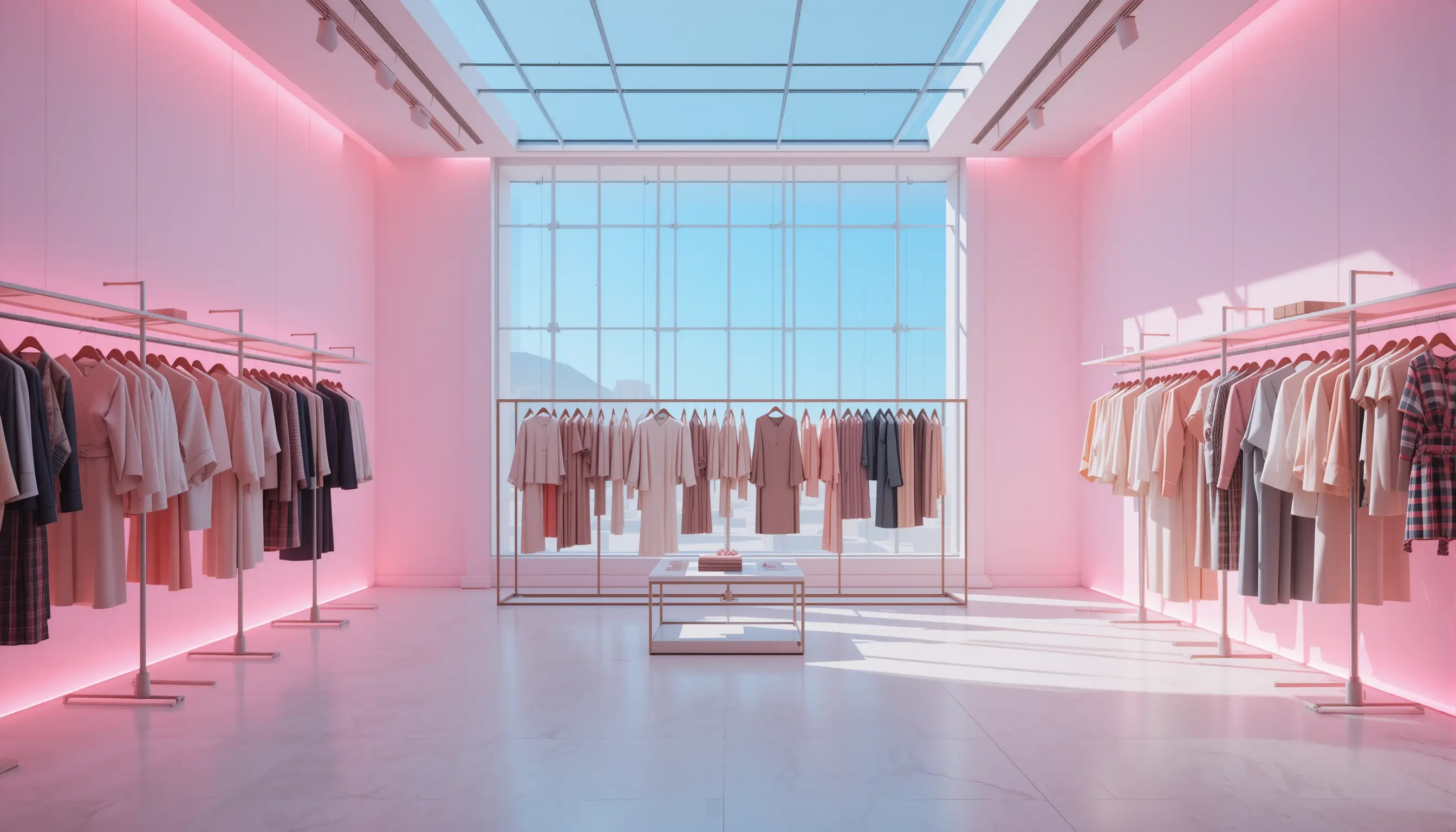 Minimalist fashion showroom with soft pink ambient lighting